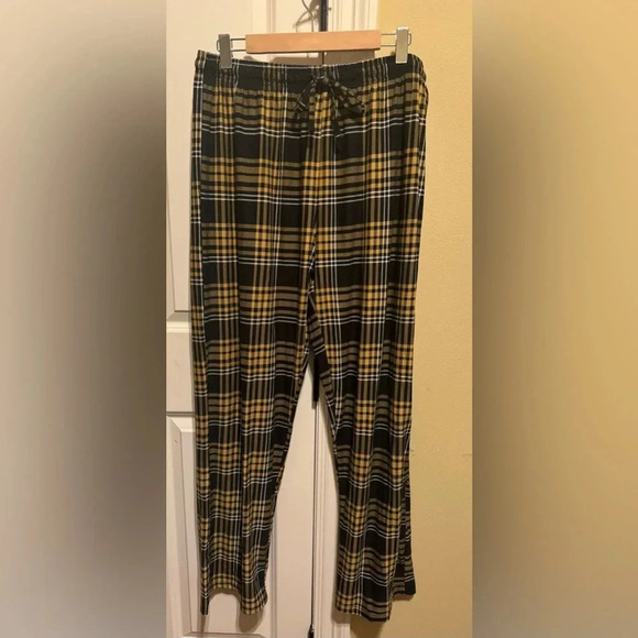 NFL Team Apparel Sleep Pants Plaid Black Gold Elastic Waist Drawstring Sz L - Picture 1 of 5